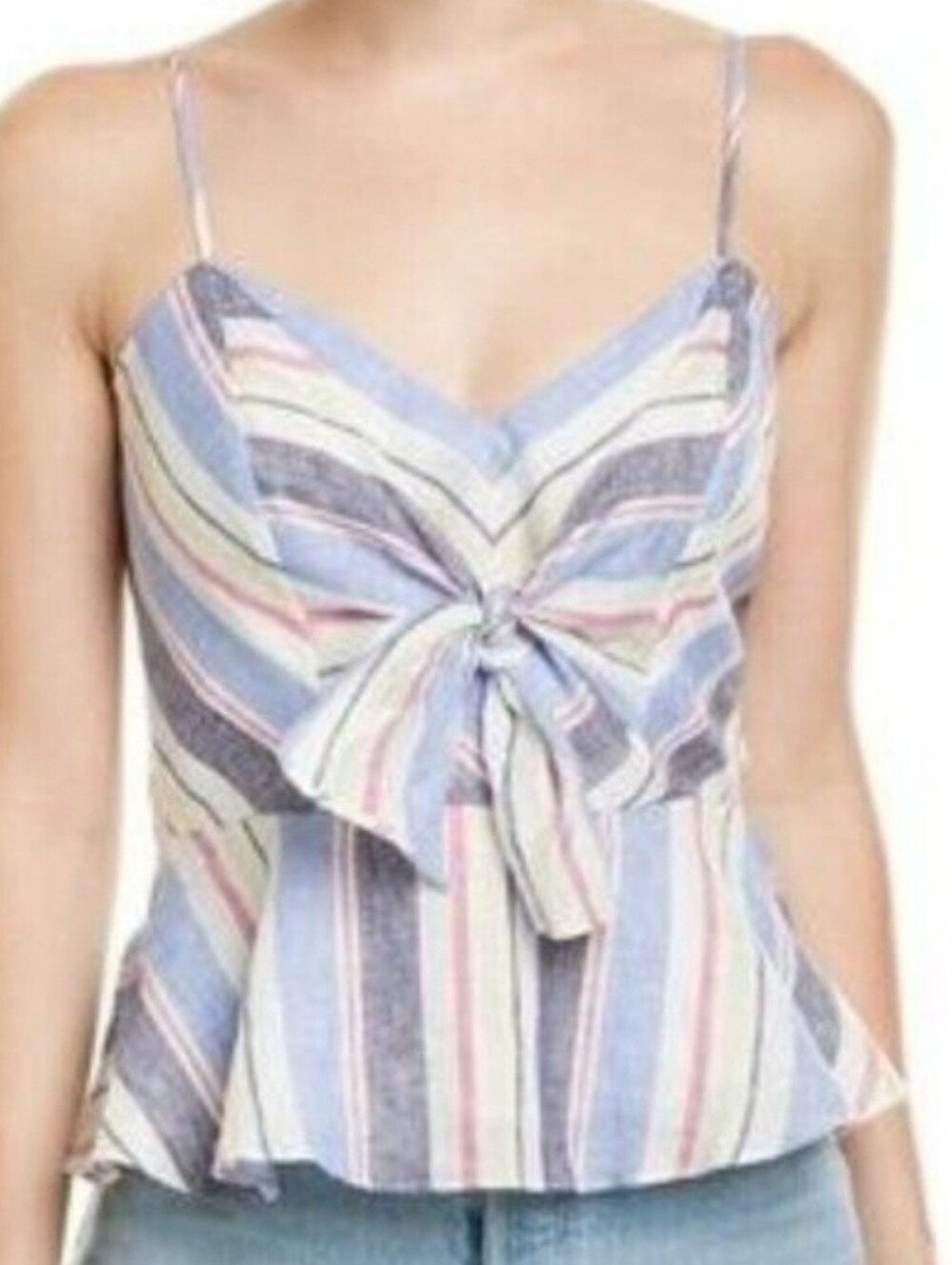 $228 Parker Stripe Tie-Front Sleeveless Peplum Top, Size XS